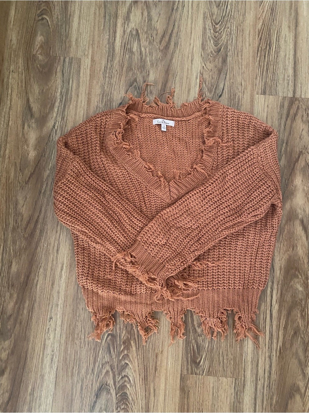 Love Tree Rust Orange Frayed V-Neck Sweater
